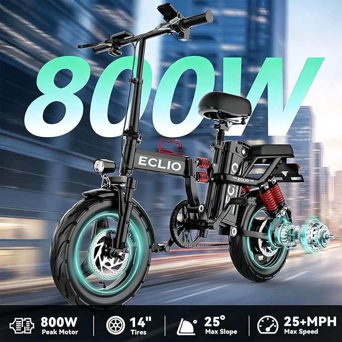 Folding Electric Bike for Adults, Peak 800W Motor 25MPH, 48V 14Ah Removable Battery 35-55Miles Ebike,14'' Lightweight & Portable Adults Electric Bicycles for Men/Women/Teens