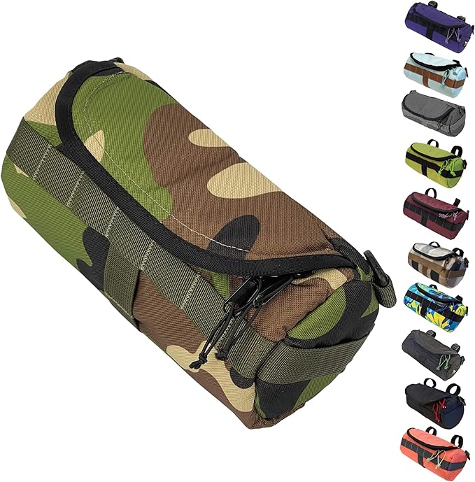 Handlebar Bag (Blazin Camo Burrito) | 2 Liter Capacity | Spacious Bike Bag w/ 2 Extra Long Buckle Straps & 1 Hook-and-Loop Strap | Water Resistant Front Basket | Bike Accessories | Made in USA