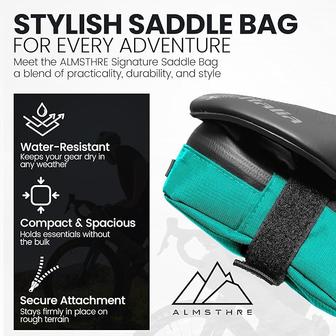 ALMSTHRE Signature Bike Saddle Bag – Aqua | 0.5L Bike Seat Bag (3" x 5.25" x 2") | Water-Resistant Ripstop, Waterproof Zipper, Internal Pocket | Durable Under Seat Storage