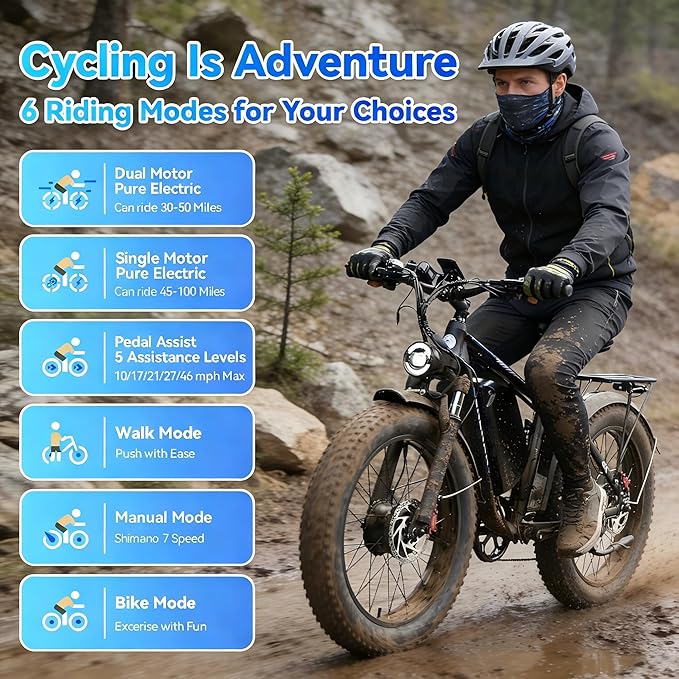 9000W Peak Dual Motor Electric Bike for Adults 46MPH,100Miles Long Range Ebike,7 Speeds,52V 34Ah Removable Battery,Full Suspension 24" Fat Tire E Bike for Mountain Off-Road Commuter Snow