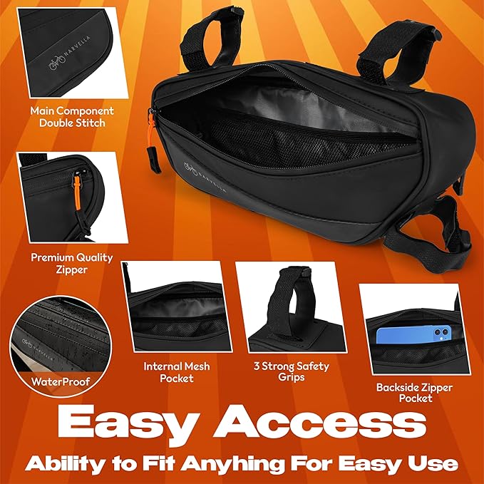 1.8L Bike Bicycle Frame Storage Bag with Tire pump & Bike Repair Kit – Waterproof Triangle Cycling Pouch with Pockets for Wallet, Phone, Tools, Keys for Adult Bikes, Mountain Bike, MTB