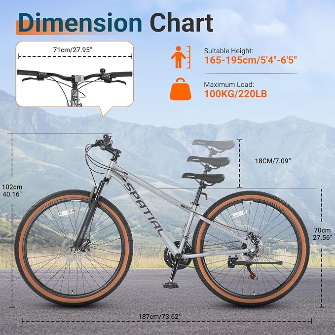 SPATIAL Mountain Bike, 20/24/26/27.5/29 inch Outdoor Cycling Bike,21/8 Speed Lightweight Aluminum Frame | Dual Disc Brakes,Adjustable Ergonomic Seat for Men Women Adult Teens