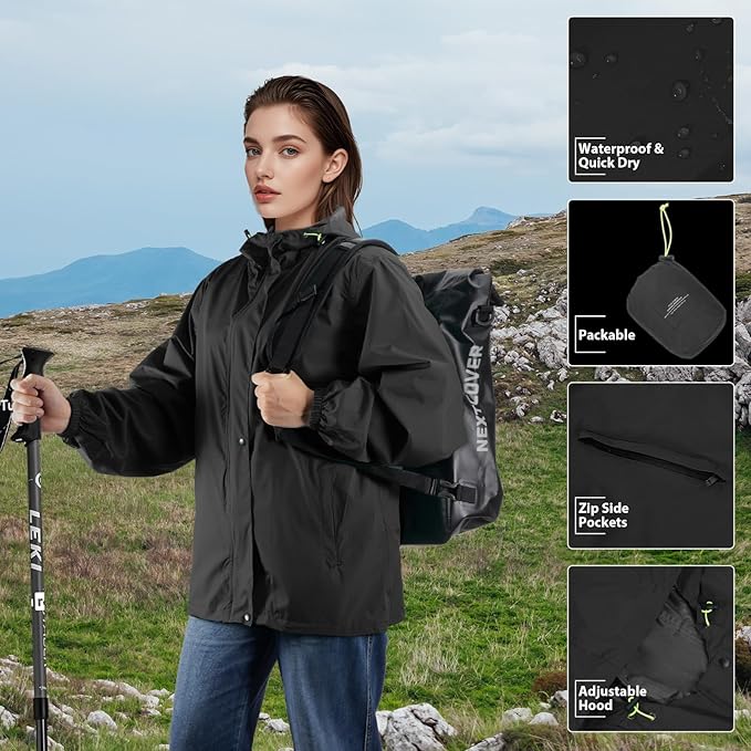 LAMA Women's Rain Jacket Lightweight Waterproof, Windbreaker Jacket with Hood Sun Protection, Packable Raincoat with Pocket