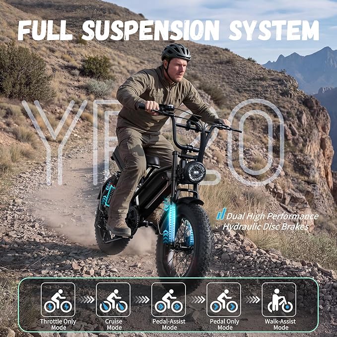 Jasion 3000W/2000W Electric Bike for Adults Teens,Electric Dirt Ebike 80/55 Miles Range,Moped Style E Bike 32/28MPH,20"/16"*4 Fat Tire Off Road Bike with Cruise Control,Dual Suspension E Motorcycle
