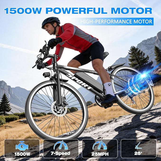 Electric Bike for Adults, 1500W Peak Motor, Up to 25 MPH, 65 Miles PAS Range, 48V 10Ah Removable Battery, Advanced Front Suspension, 7 Speeds, Compact Electric Mountain Bicycle, 26" Commuting Ebike