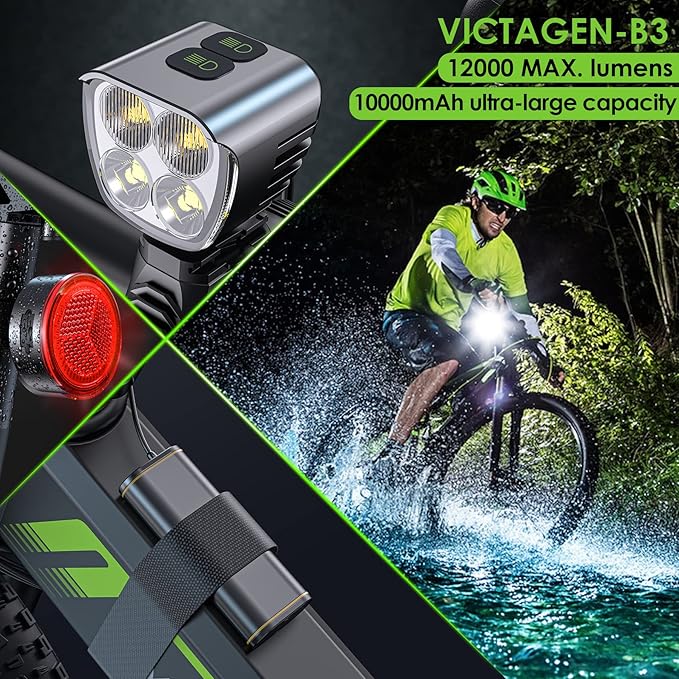 Victagen Bike Light 12000lm Bike Lights for Night Riding, Waterproof Lights for bike Rechargeable Front Bike Headlight and Taillight, High & Low Beam, 10000mAh ultra long endurance bike lights