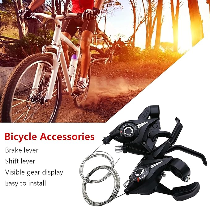 EF51-7 Speed Gear Shift Lever Brake Lever with Brake Cable 3 x 7 Gear Lever Set with Gear Indicator Bicycle Brake Pads Bicycle Reflectors Front Rear Set for Road Bike City Bike