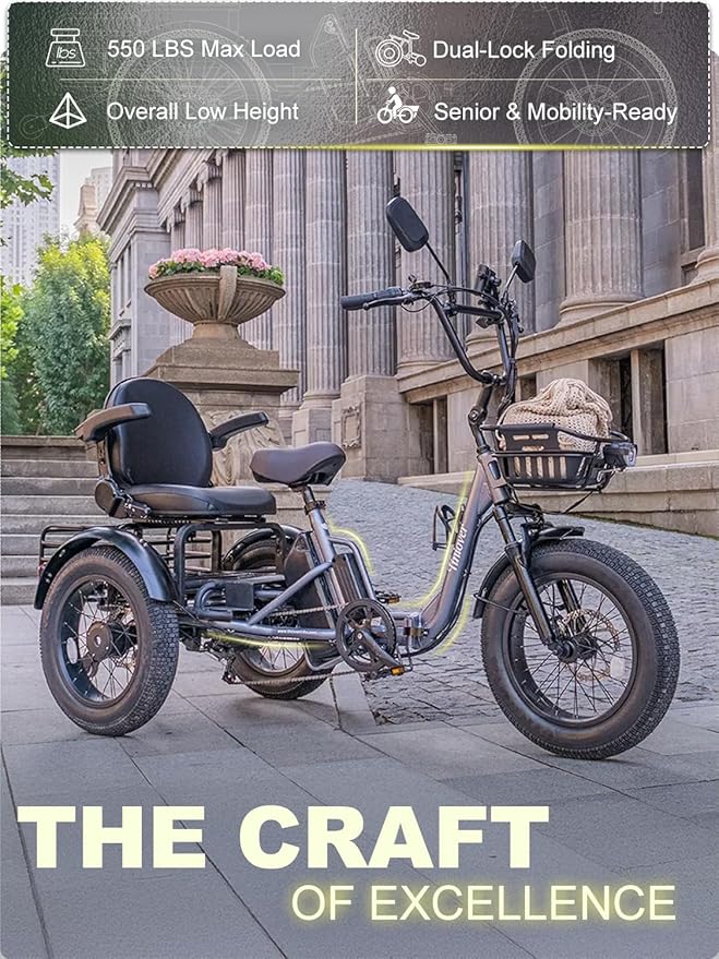 Folding Electric Tricycle for Adults 2 Seater, 22MPH 100 Miles 4" Wide Fat Tire Electric Trike, 3 Wheel Electric Bike 1200W, 48V 20AH Battery, 550LBS Load, Reverse, Parking, Differential, UL Certified