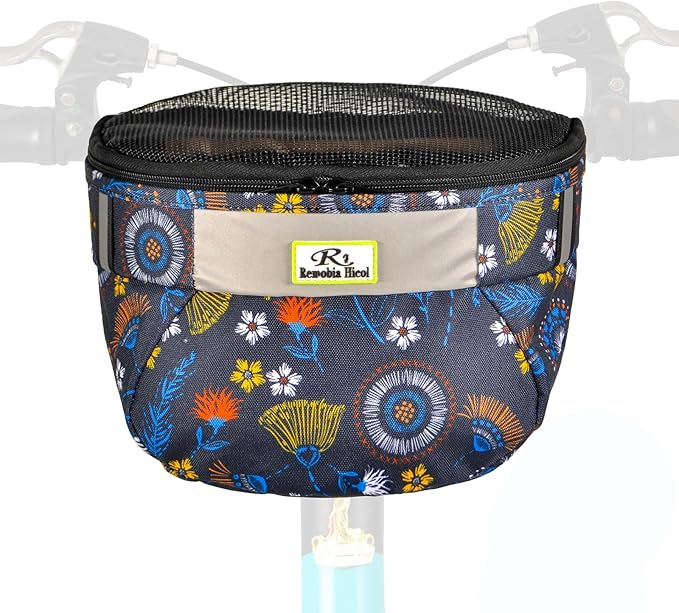 Kids Bike Basket,Durable Front Frame Bicycle & Scooter Basket Bag,Waterproof Fabric Bicycle Handlebar Bag for Boys, Girls, Toddlers with Zipper Mesh Lip (Dark Blue Flower)