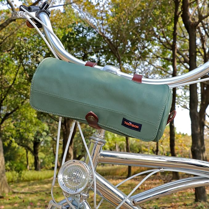 TOURBON Canvas Leather Bike Handlebar Bag with Shoulder Strap, 4.5L Bicycle Top Tube Pouch, Water-resistant Small Saddlebag storage bag for Cycling (Green)