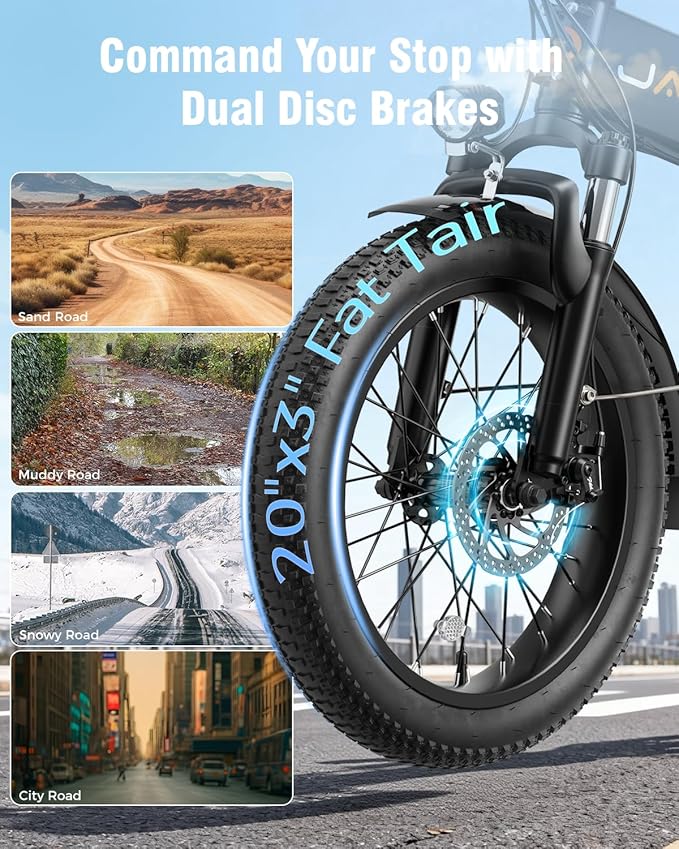 Jasion EB7 20" Foldable Electric Bike Fat Tire for Adults, 1200W Peak, 48V Removable UL-Certified Battery, 28MPH 55 Mi Range Commuter Electric Bike with Dual Suspension for City,Beach,Snow,Mountain