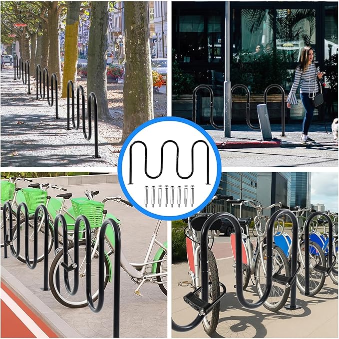7 Bike Capacity Wave Bike Rack Commercial Bicycle Rack 68" L Heavy Duty Galvanized Steel Bicycle Organizer Ground Parking Stand for Outdoor Garages Streets Yards Parks Schools Sidewalks