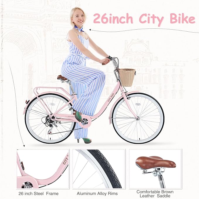 22/26 Inch Women's Bike Beach Cruiser Bike for Women/Girls，City Hybrid Bike 7 Speeds Adult Bicycle Commuter Bike for Women Men,4 Colors