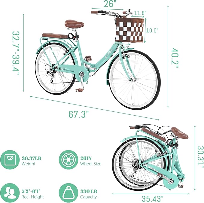 24/26 Inch Foldable Beach Cruiser Bike for Women, 7 Speed Folding Bikes for Adults, Womens City Bike with Basket & Adjustable Seat, Step Through Commute Bikes for Women Adults