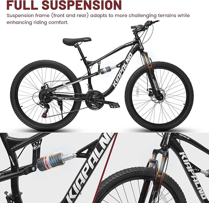 24/26/27.5 Inch Wheel Mountain Bike, 21 Speed MTB Bike with Full Suspension, Steel Frame and Dual Disc Brakes, Adult Mens Outdoor Cycling Mountain Bicycle