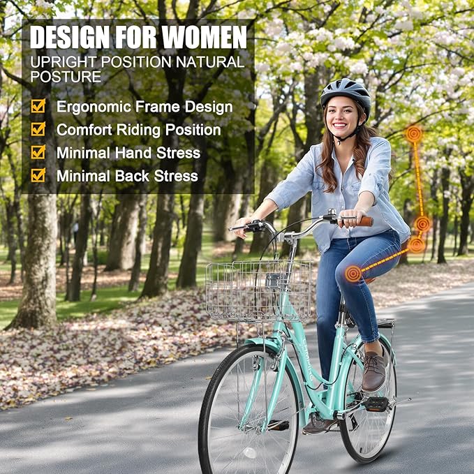 Ktaxon Women Bike 24/26 Inch Bicycles for Women, Beach Cruiser Bike with Premium Derailleur & Shift Lever, Adjustable Seat, High-Carbon Steel Frame and Excellent Welding Technology | Premium Derailleur, Shift Lever, Adjustable Seat