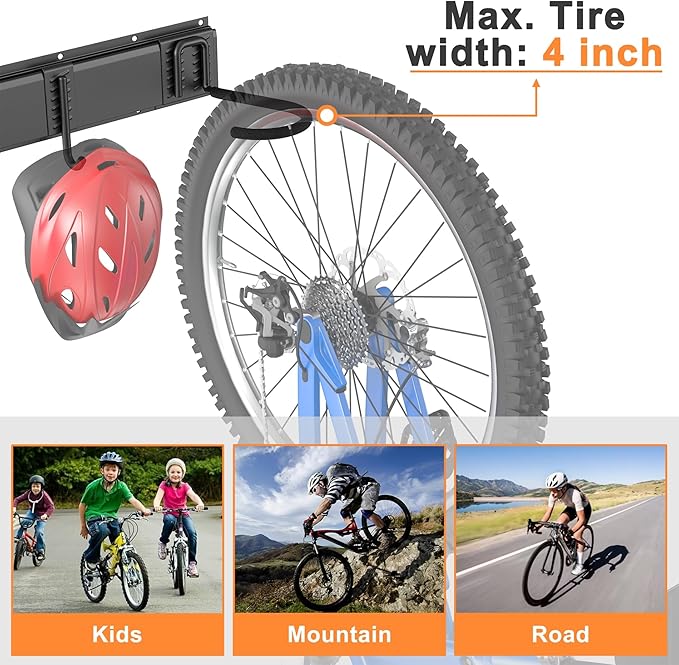 TORACK Wall Mounted Bike Storage Rack, Vertical Bikes Storage for Garage 5 Bikes Hangers for Wall, Modular Bicycle Storage Rack(3 Rails, 5 Bike Hooks, 3 Helmet Hooks)