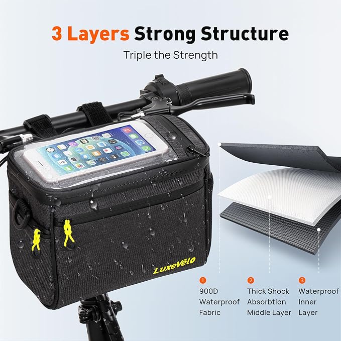 Bike Handlebar Bag Waterproof Front Bicycle Basket Bag 5L Storage Bag with Touch Screen Shoulder Strap, Mesh Pockets, Shoulder Strap,Waterproof Zipper