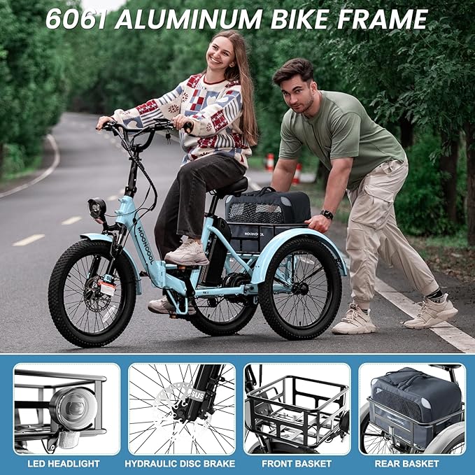 MOONCOOL Folding Electric Tricycle for Adults, 48V 500W 3 Wheels Electric Trike, Aluminum Frame 750W Electric Tricycle Adult Bicycle with Removable Battery, Front and Back Bags