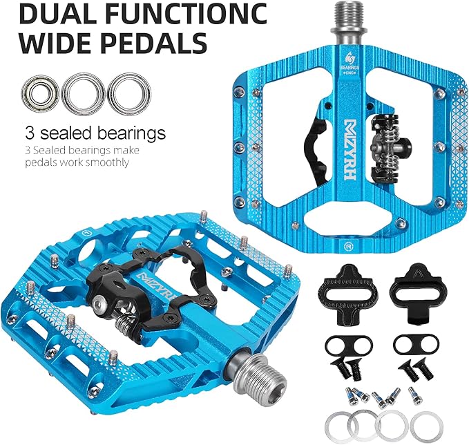 MZYRH MTB Mountain Bike Pedals 3 Bearing Flat Platform Compatible with SPD,Dual Function Sealed Clipless Aluminum 9/16" Pedals with Cleats for Road