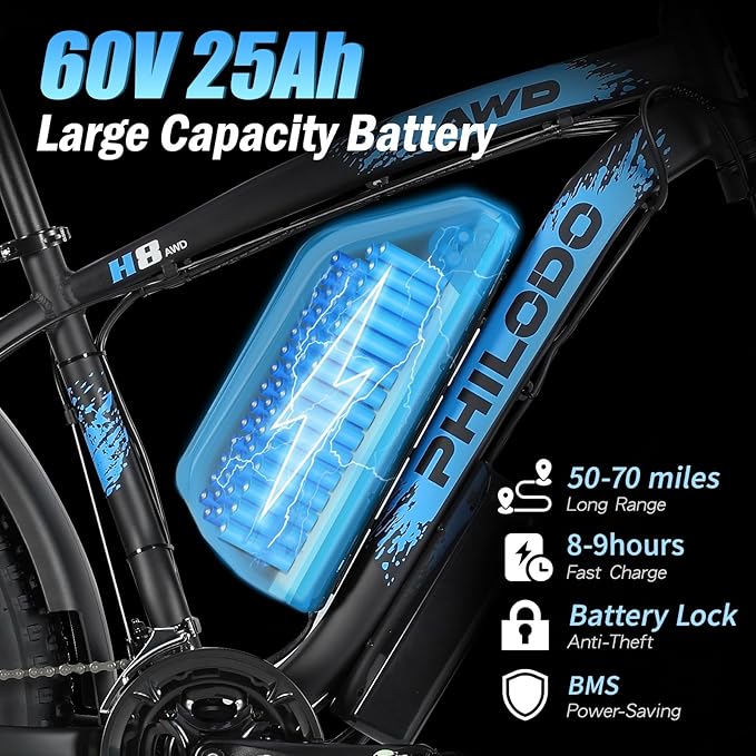 5000w Dual Motor Electric Bicycles, 60V Battery E-Bike with 45 MiIe P-Hour Electric Bike for Adults, 26 Fat Tire Hunting Ebike for All Terrain, Full Suspension Electric Ebike