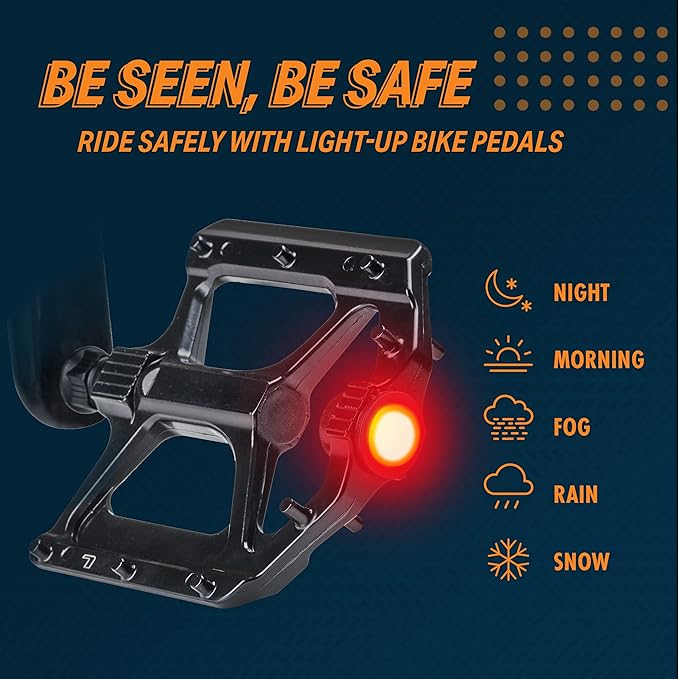 Bikeroo Black Light Up Mountain Bike Pedals for Night Morning, MTB Platform w/Grip Pins, All Metal Construction, 9/16" Spindle