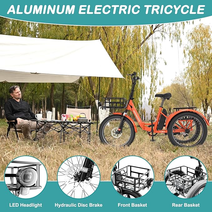 MOPHOTO Electric Tricycle for Adults, 20in 3 Wheels Folding Electric Bicycle Bikes, 48V 500W Electric Trike Ebike with Aluminum Frame, Removable Battery