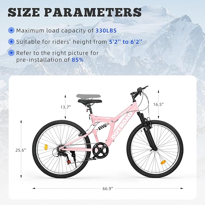 26 inch Mountain Bike Dual Full Suspension, Outdoor Hybrid Bikes,7-Speed/High-Carbon Steel, for Men Women Adult, MTB Bicycle with Suspension Fork,Sleek Colors