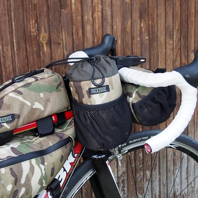 Bongo Bike Handlebar Bag - Water Resistant & Durable Fabric Bicycle Water Bottle Holder, Secure Attachment Bikepacking Stem Bag, One-Handed Access Feed Bag, Front Storage for Cycling - Camo