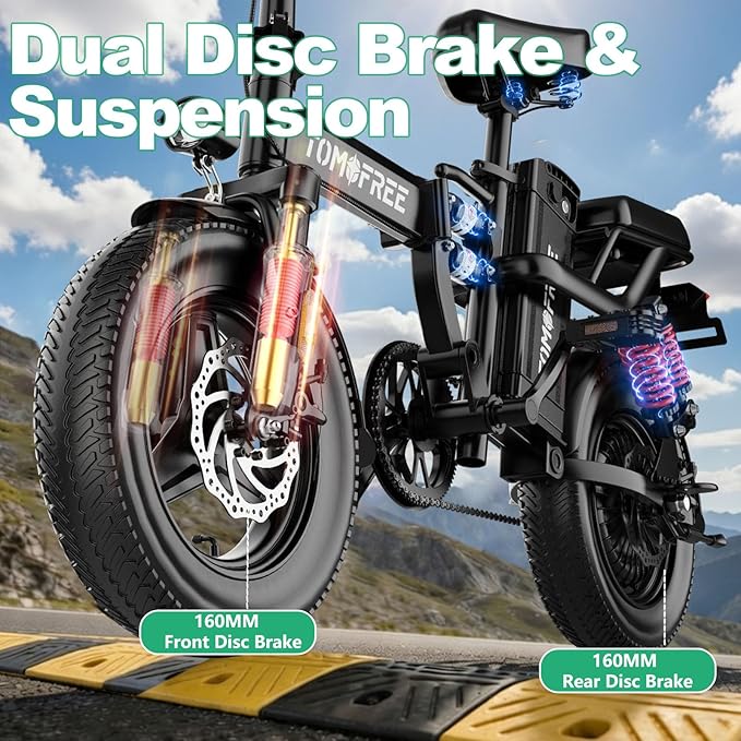 Tomofree Folding Electric Bike for Adults 20-24MPH Peak 750W EBike, 48V 20AH Removable Battery for Electric Bicycles, 40Miles Max Range, 10 Shock Absorbers, 14'' Fat Tire Foldable E-Bike, PAS E Bike