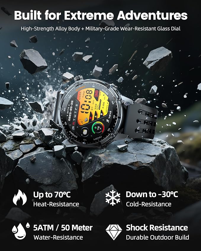 WalkerFit GPS Smart Watch for Men, Multi-Satellite Positioning, Full Metal Body, 520mAh Long Battery Life, 5ATM Waterproof with Bluetooth Call, 1.43" AMOLED Screen, for iPhone/Android, Black
