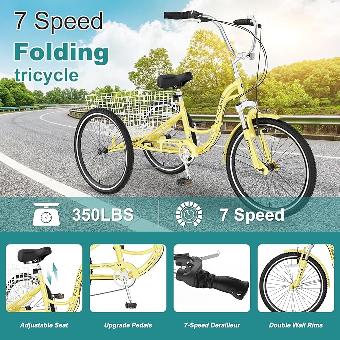 MOPHOTO Adult Folding Tricycle, 7-Speed 3 Wheel Bike for Adults, Seniors, Women & Men, 20/24/26 Inch Low Step-Through Trike with Large Rear Cargo Basket, Adjustable Seat, Space-Saving Cruiser Bicycle