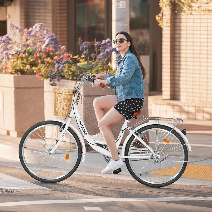 Outroad Beach Cruiser Bike, 24/26 inch Commuter Bicycle for Adult and Women,High-Carbon Steel Comfortable City Bikes with Rear Rack and Basket, (Black/Pink/White/Green/Purple)