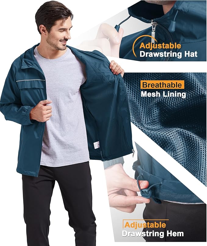 GEEK LIGHTING Rain Jacket Men Lightweight Waterproof Jackets Packable Windbreaker Hooded Raincoat for Golf Cycling Outdoor