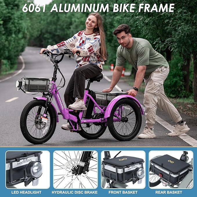 MOONCOOL Folding Electric Tricycle for Adults, 48V 500W 3 Wheels Electric Trike, Aluminum Frame 750W Electric Tricycle Adult Bicycle with Removable Battery, Front and Back Bags