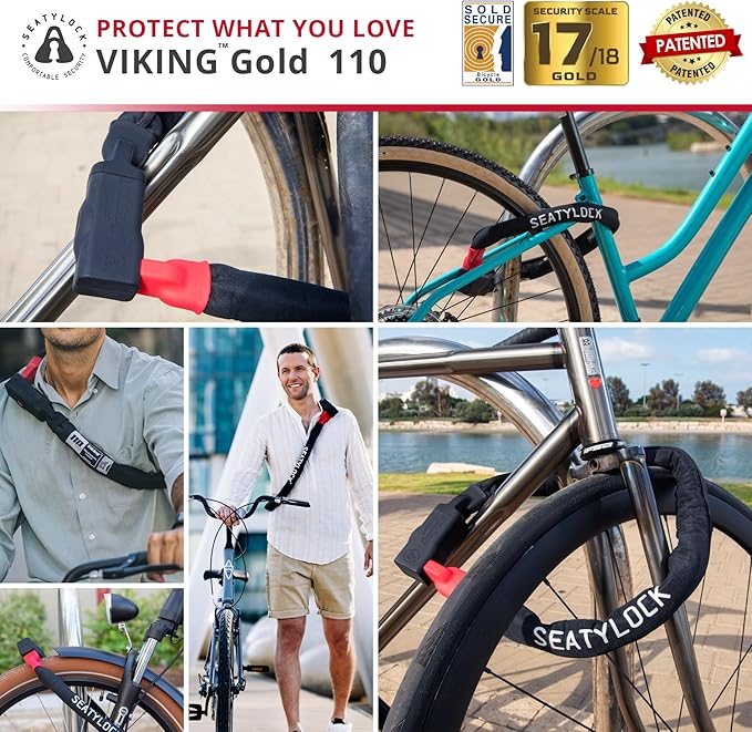 Seatylock Viking Bike Chain Lock with Key - Magnetic Patented Sold Secure Rated - Heavy Duty Anti Theft - Smart Ultra Security Bicycle Lock (43.31 Inch, Gold Rated)