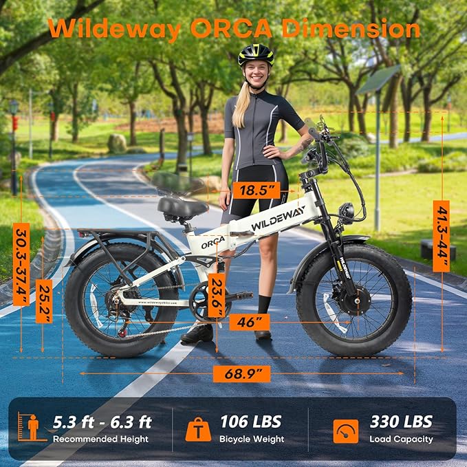 Wildeway Dual Motor 20" Fat Tire Electric Bike 2300W 20Ah Removable Battery 28 MPH Folding Ebike Off Road Mountain Full Suspension Long Range Foldable Electric Bicycle for Adults Men 2 Seat