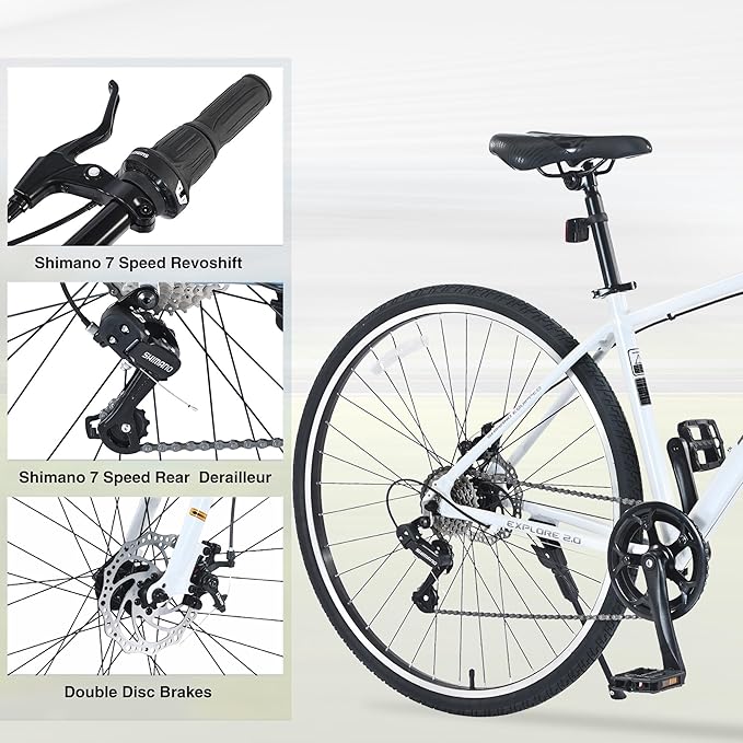7 Speed Hybrid Bike Aluminum Alloy Frame Double Disc Brakes 700C Road Bike for Men Women's City Bicycle