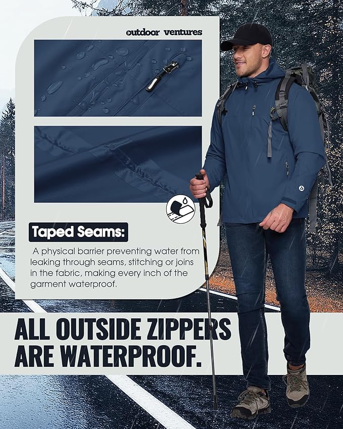 Outdoor Ventures Men's Packable Rain Jacket Waterproof Lightweight Raincoat with Hood Windproof Cycling Jackets