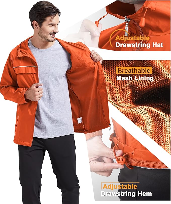 GEEK LIGHTING Rain Jacket Men Lightweight Waterproof Jackets Packable Windbreaker Hooded Raincoat for Golf Cycling Outdoor