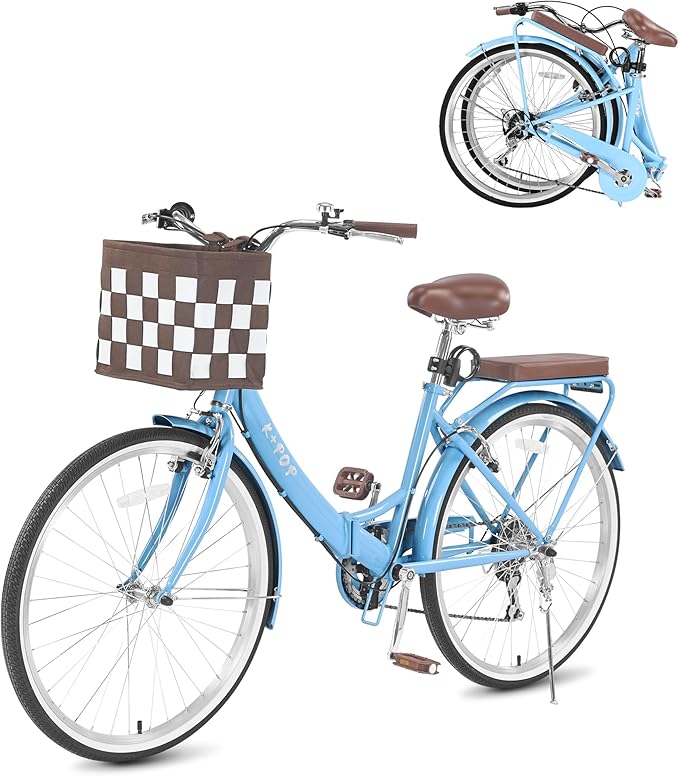 24/26 Inch Foldable Beach Cruiser Bike for Women, 7 Speed Folding Bikes for Adults, Womens City Bike with Basket & Adjustable Seat, Step Through Commute Bikes for Women Adults