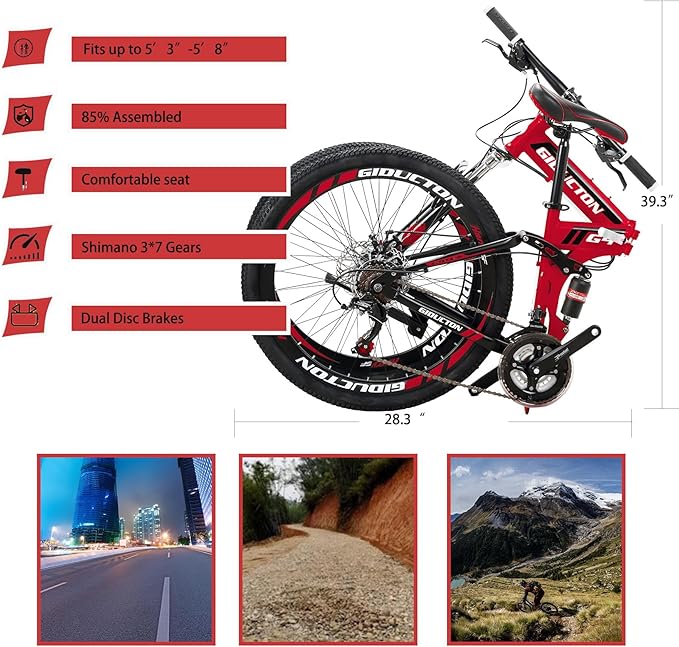 26" Folding Mountain Bike,21 Speed Full Suspension Foldable Bikes,Dual Disc Brakes Bicycle for Adults