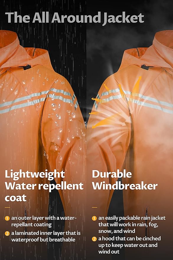CREATMO US Men's Packable Waterproof Running Rain Coats Reflective Cycling Jacket Windbreaker With Removable Hood
