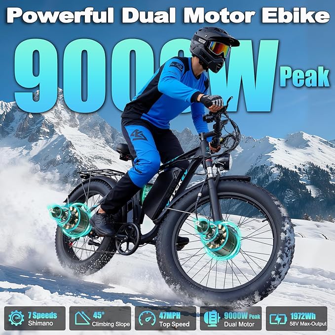 9000W Peak Dual Motor Ebike for Adults 47 MPH Fast Electric Bike, 58V Max-Output 1972 Wh Up to 105 Miles Ebikes,24" Fat Tire E-Bike,Full Suspension Electric Bicycle for Mountain Commuter Snow