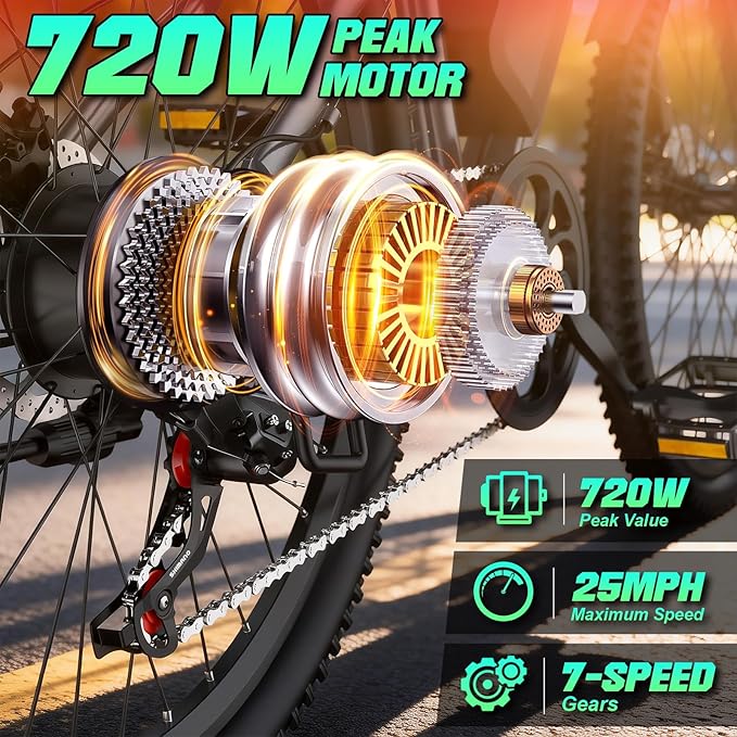 Electric Bike for Adults, 26" Commuter Ebikes with 7-Speed Gears, 25MPH Lightweight E Bike, 720W Peak Motor, 375Wh Removable Battery, 50 Miles Range, Electric Mountain Bicycle for All Terrain