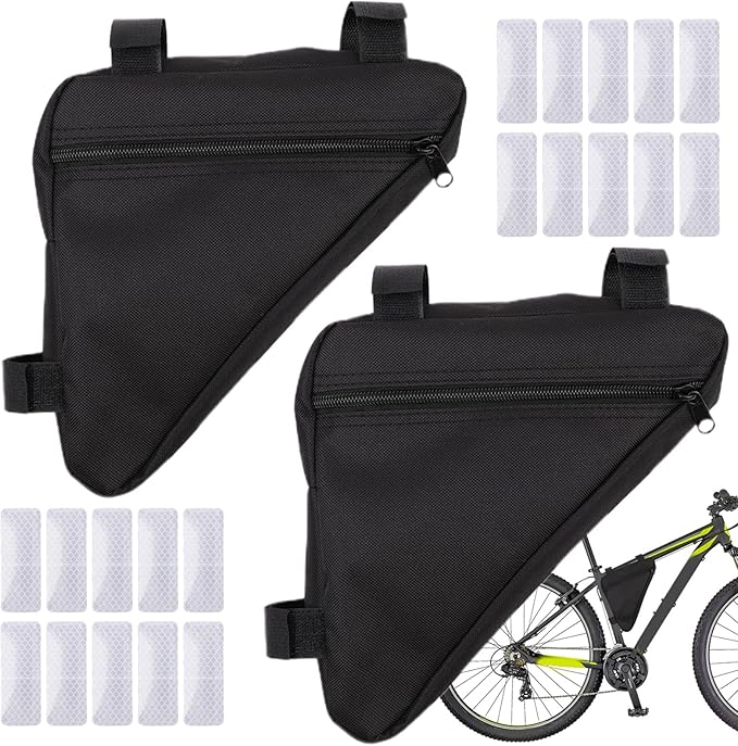 2Pcs Bike Frame Bag with 20Pcs Reflective Stickers, Triangle Small Bicycle Storage Pack Cycling for Road Mountain