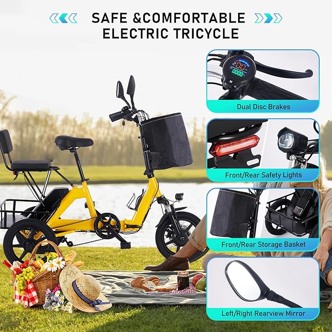 E Trike Electric Bike, 350W(Peak 500W) Brushless Motor Folding Trike, 2 Seats Ebike, 480Wh Removable Battery, Step-Thru 3 Wheel Electric Bicycle, Up to 45 Miles, Tricycle for Adults Parents