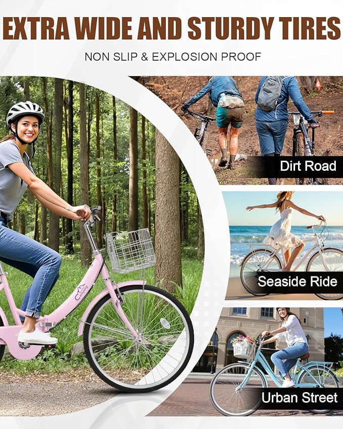 24/26 Inch Foldable Bike Folding Bicycle, 7 Speed Beach Cruiser Bike with Lock, Comfort Back Seat, Foldable Basket & Ergonomic Upright Frame, Cruiser Bicycle for Adults