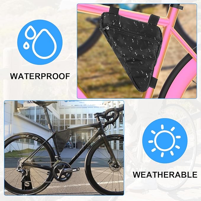 2PCS Bike Frame Bag Black Waterproof Mountain Bicycle Bag Small Bikes Top Tube Pouch for Road and Mountain Bikes Lightweight Cycling Storage Bags