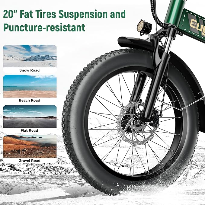 EUYBIKE Foldable Electric Bike for Adults, 30+MPH, 48V 20Ah Removable Battery up to 80Miles, 20" Fat Tire 1000W Peak Motor Adult Electric Bicycle for Beach Mountain E Bike Green with Safety Seat